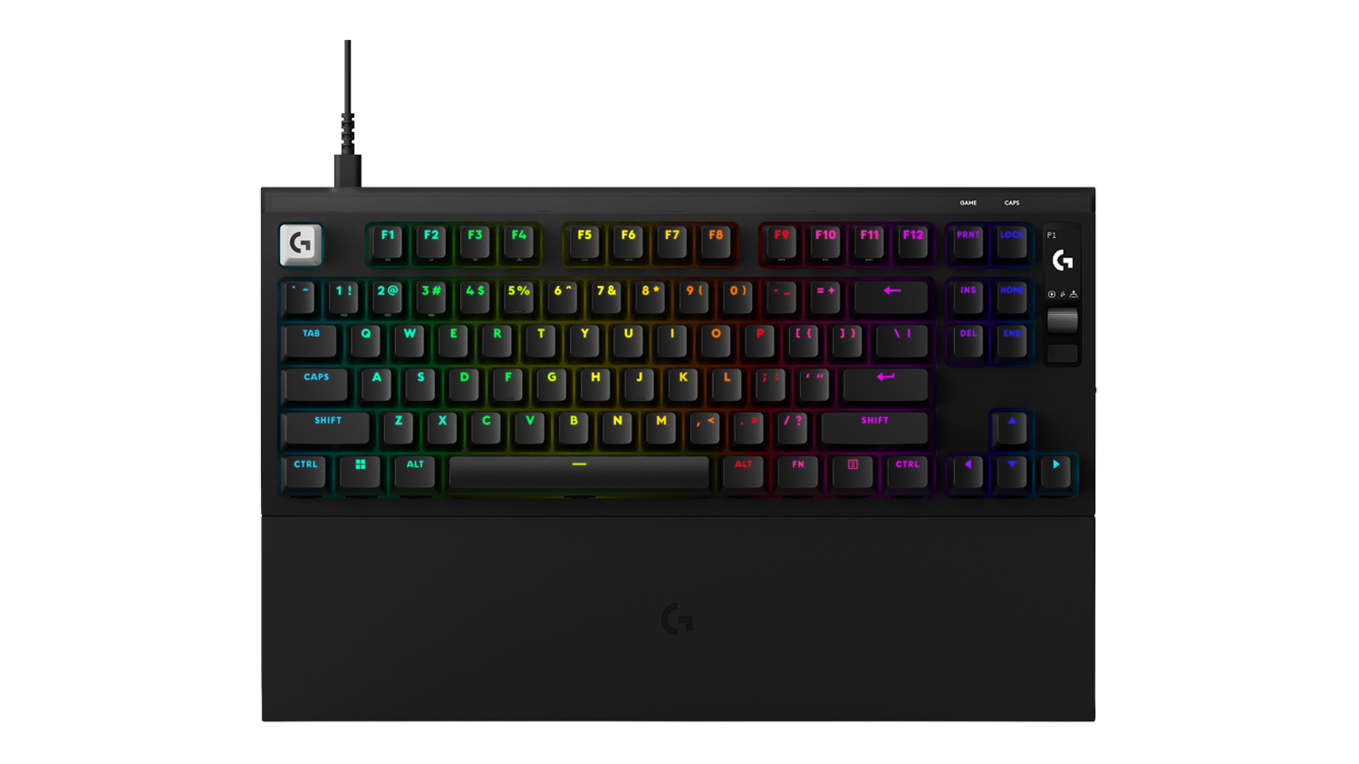 Top view of the Logitech G Pro X2 RAPID Wired Keyboard in black, featuring RGB backlit keys and a detachable wrist rest