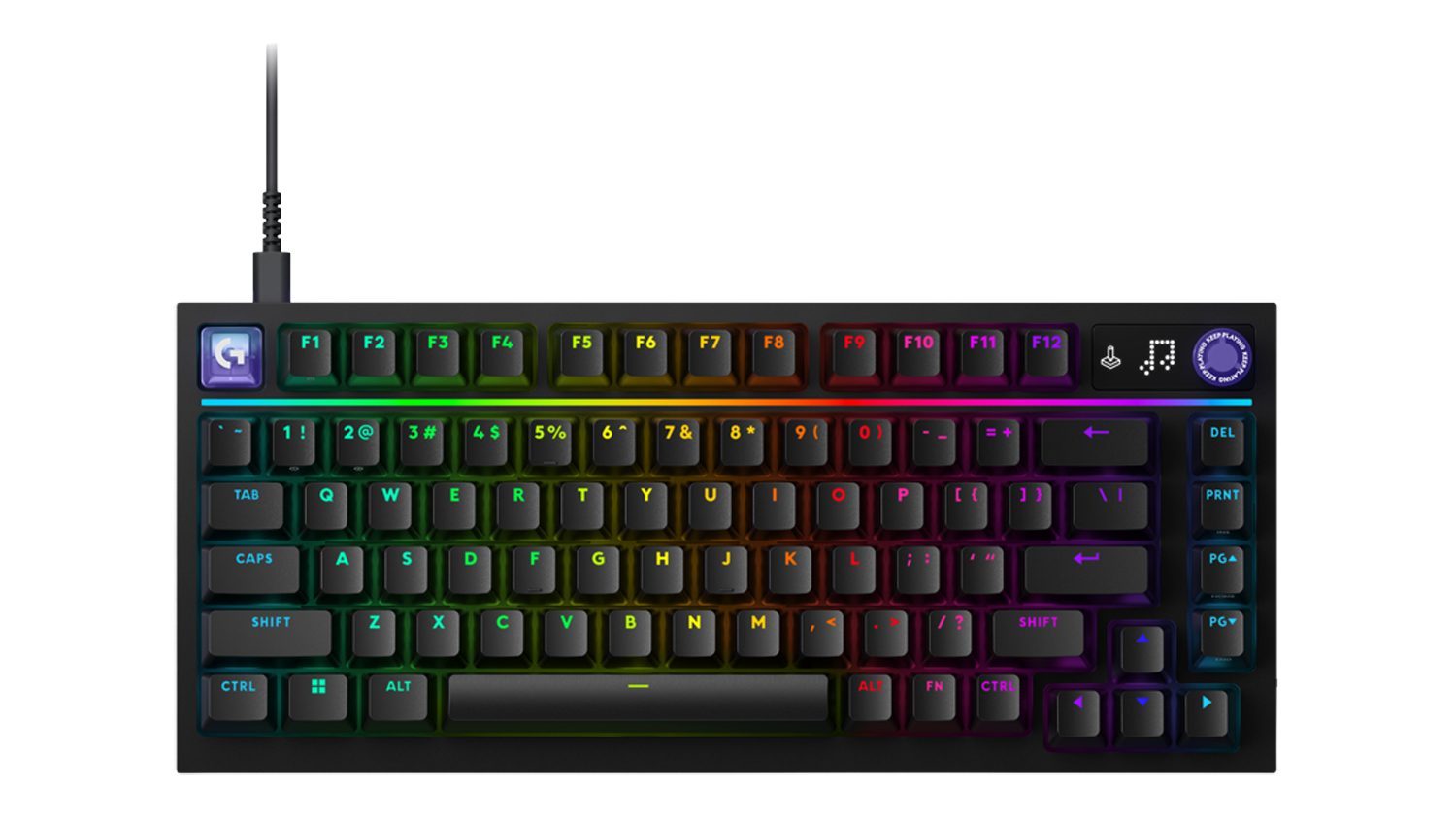 Top view of the black Logitech G316 X 75 Gaming Wired Keyboard with RGB backlighting