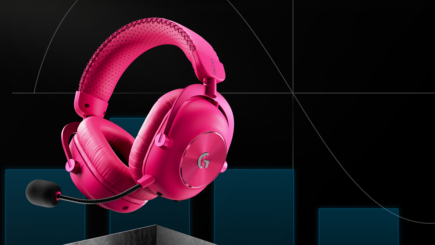 Pink wireless gaming headset displayed on a promotional gaming-themed background