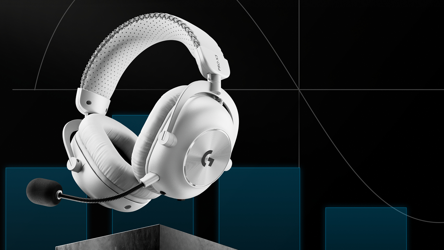 White wireless gaming headset displayed on a promotional gaming-themed background