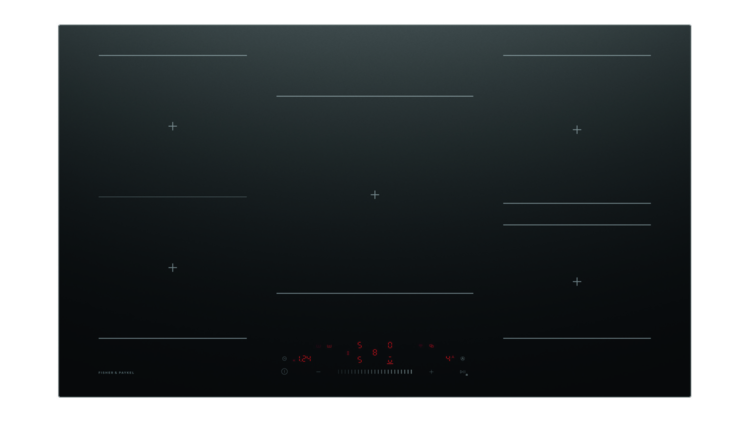 Top view of the Fisher & Paykel Series 5 induction cooktop in black glass, featuring five cooking zones