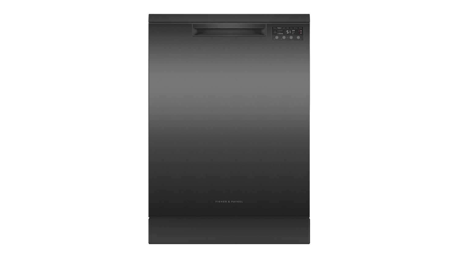 Front view of the Fisher & Paykel Series 7 freestanding dishwasher in black stainless steel
