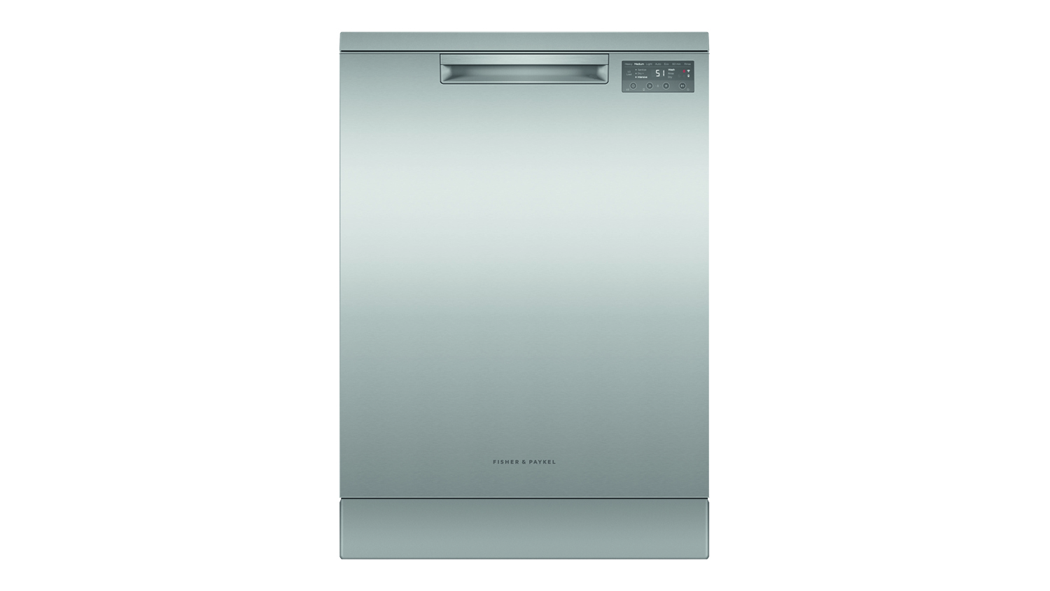 Front view of the Fisher & Paykel Series 7 freestanding dishwasher in stainless steel