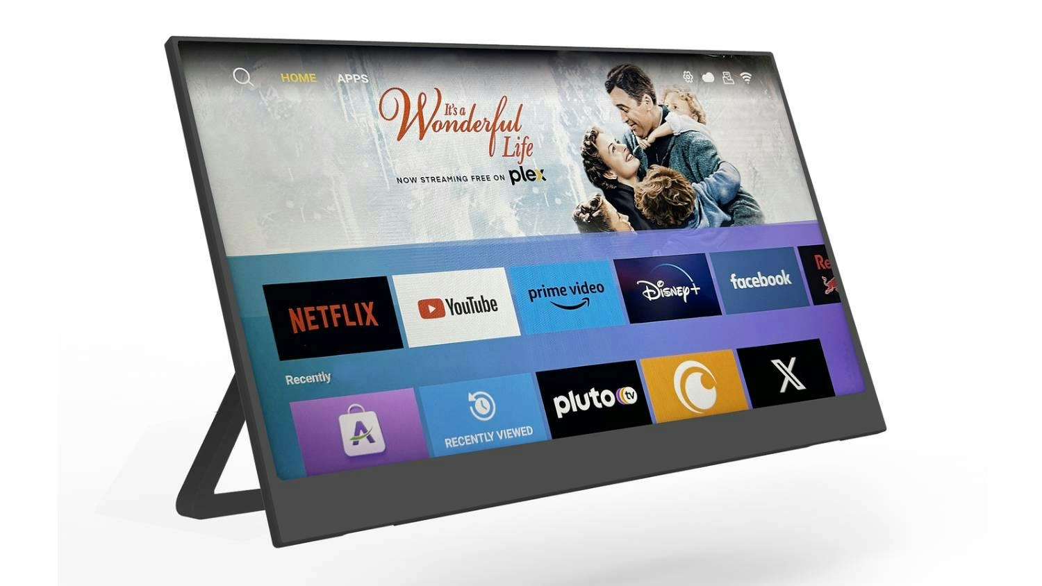 Front angled view of the Lumiview T16 Pro portable monitor displaying product highlights