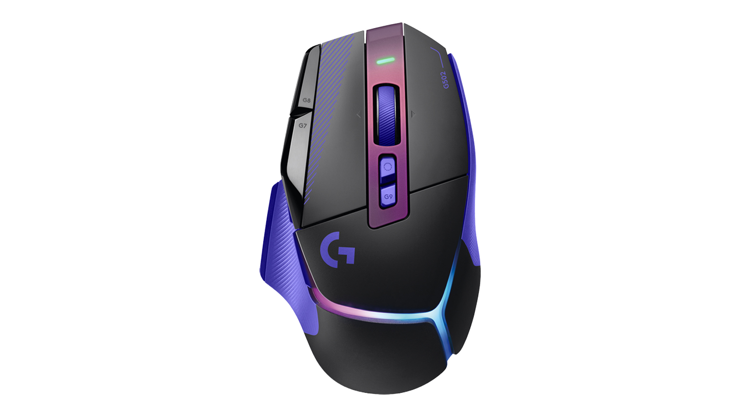 Top view of the Logitech G502 X Plus Gaming Wireless Mouse in black and purple