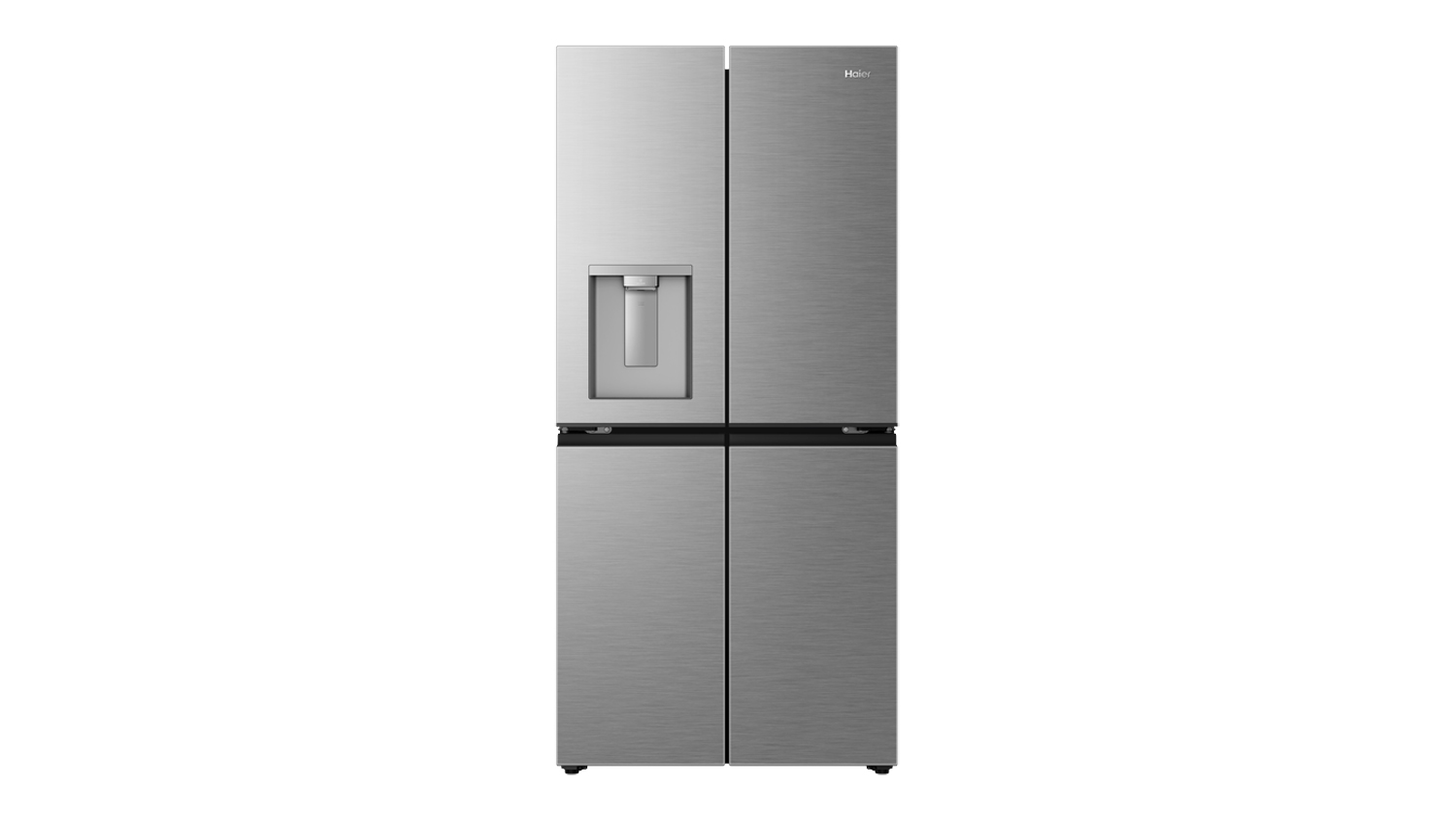 Front view of a silver Haier 500 Series 574L Quad Door Smart Fridge Freezer with Water Dispenser, featuring an external water dispenser and a four-door design
