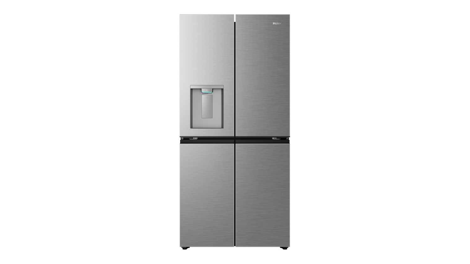 Front view of a silver Haier 600 Series 573L Quad Door Smart Fridge Freezer with Water Dispenser, featuring a built-in water dispenser