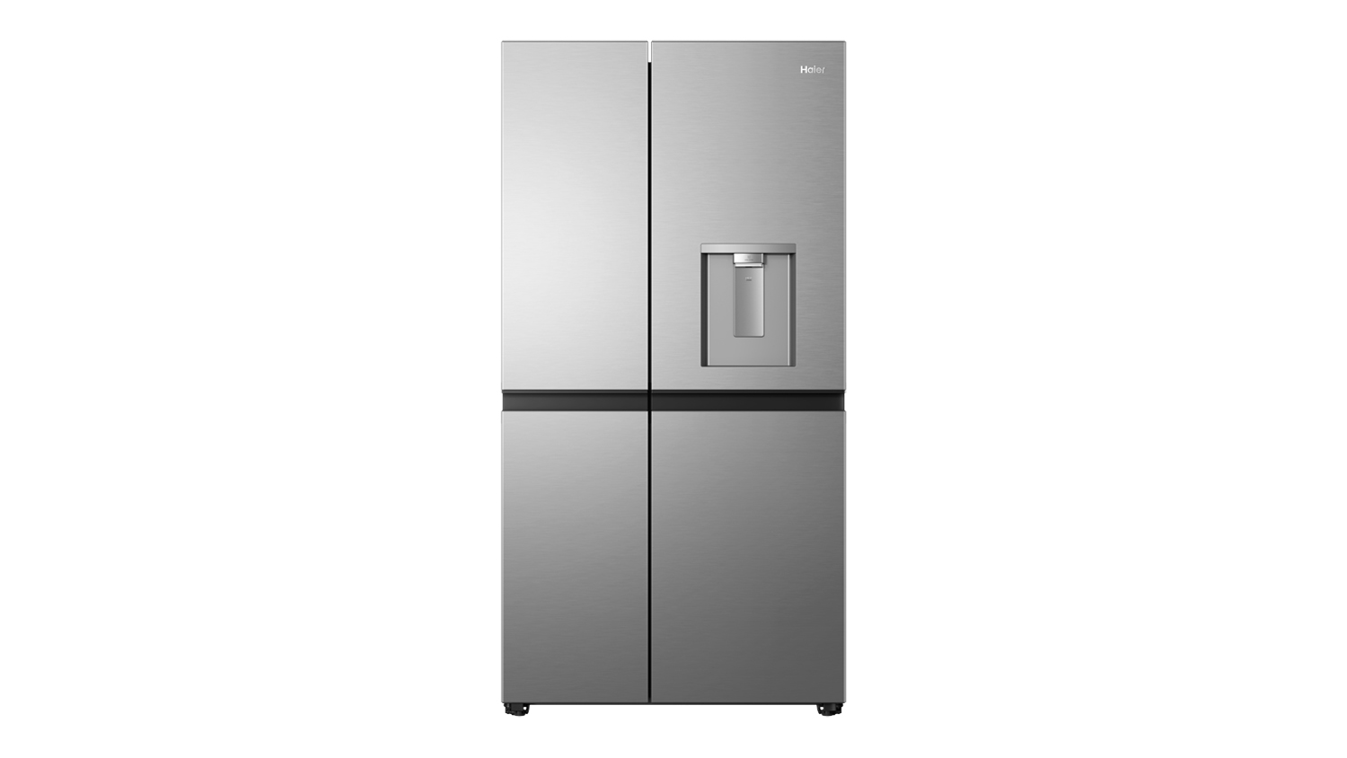 Front view of a silver Haier 500 Series 661L Side-by-Side Smart Fridge Freezer with Water Dispenser, featuring bottom freezer drawers and a built-in water dispenser