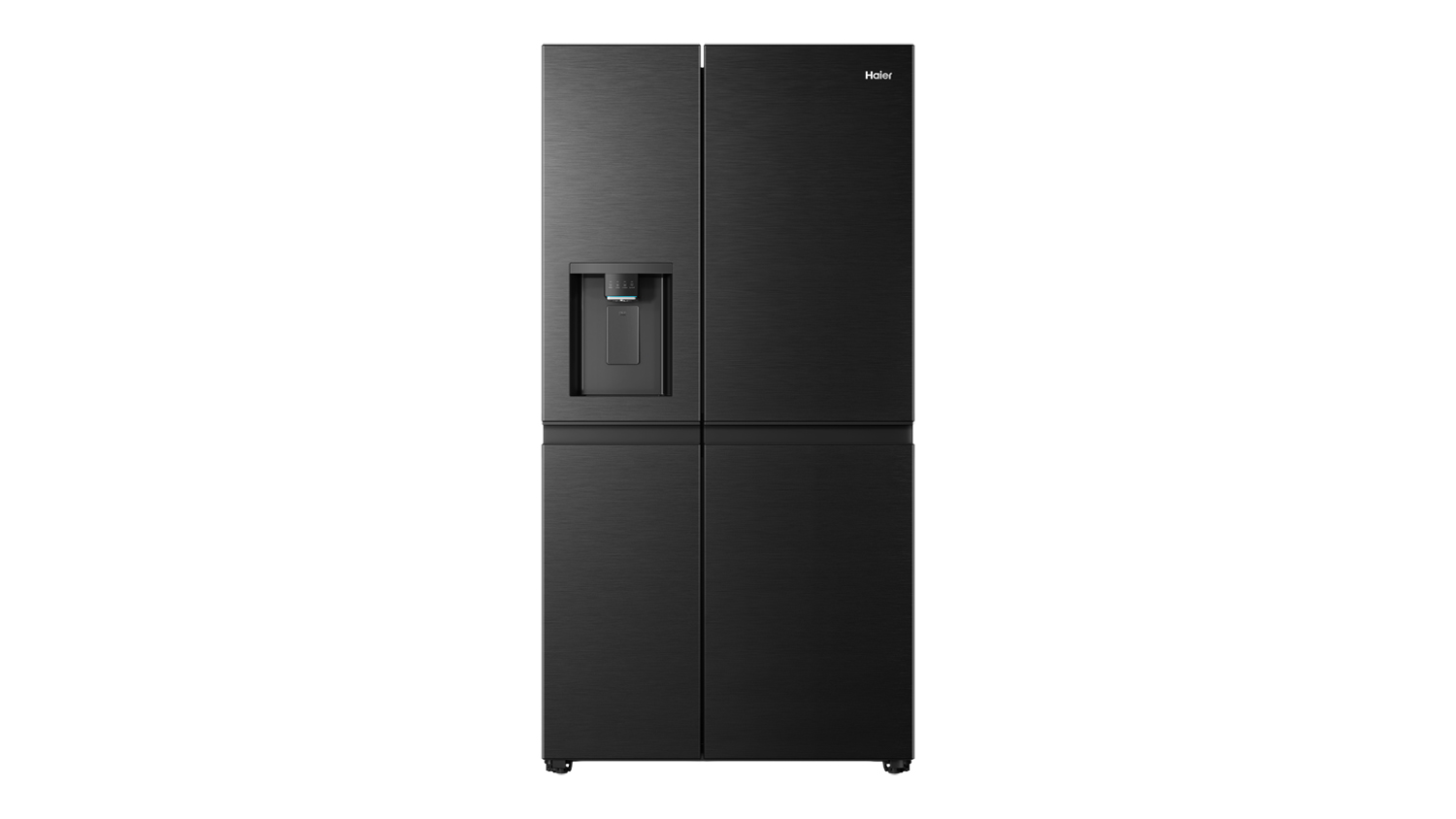Front view of a black Haier 600 Series 650L Side-by-Side Smart Fridge Freezer with Ice & Water Dispenser, featuring a built-in water dispenser and brushed finish