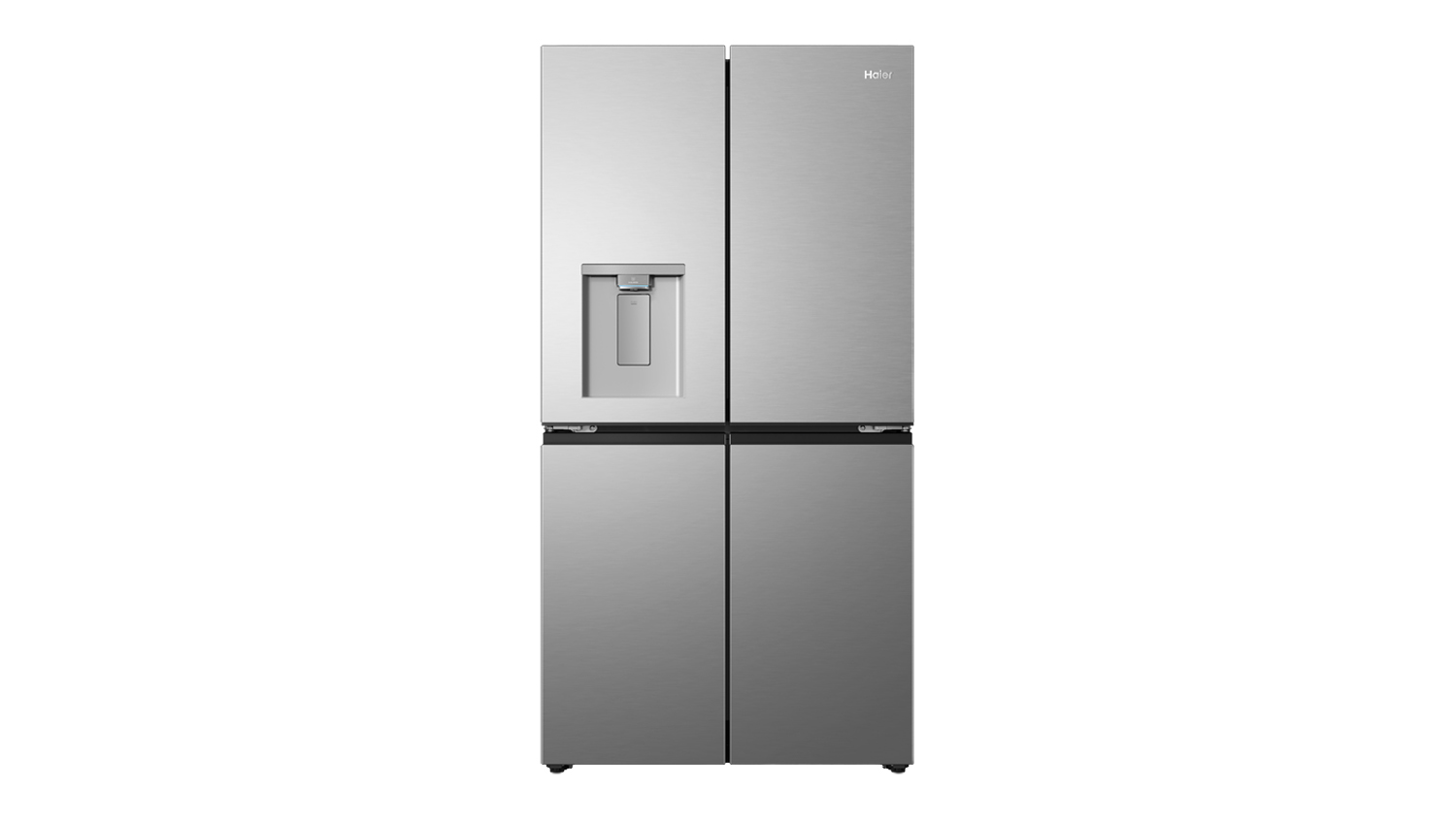 Front view of a silver Haier 500 Series 672L Quad Door Smart Fridge Freezer with Water Dispenser, featuring a built-in water dispenser and brushed metal finish