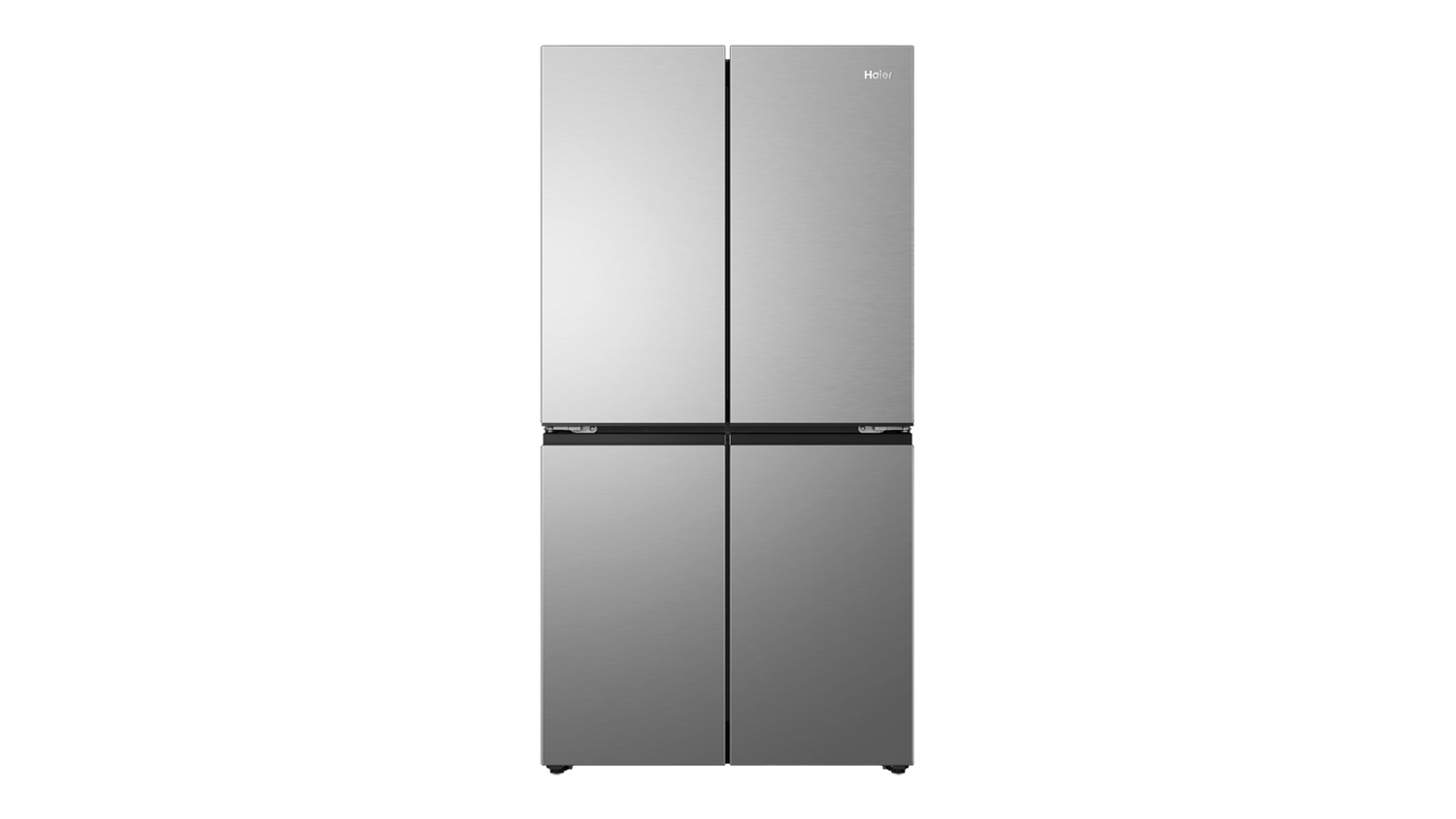Front view of a silver Haier 500 Series 682L Quad Door Smart Fridge Freezer with a brushed metal finish and quad-door design