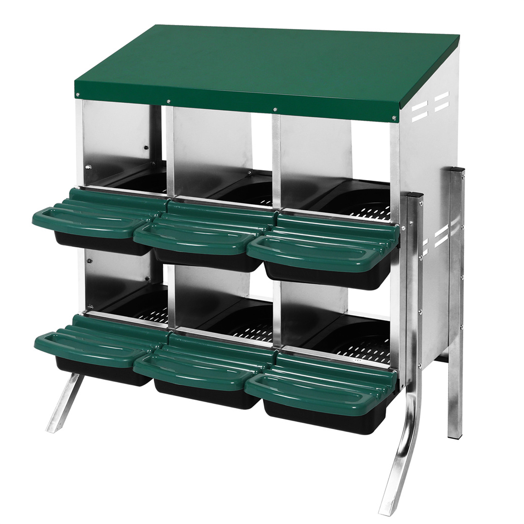 Front angled view of green and silver PaWz Poultry Roll-Away Nesting Box with Chute with six covered feed trays and a raised metal frame