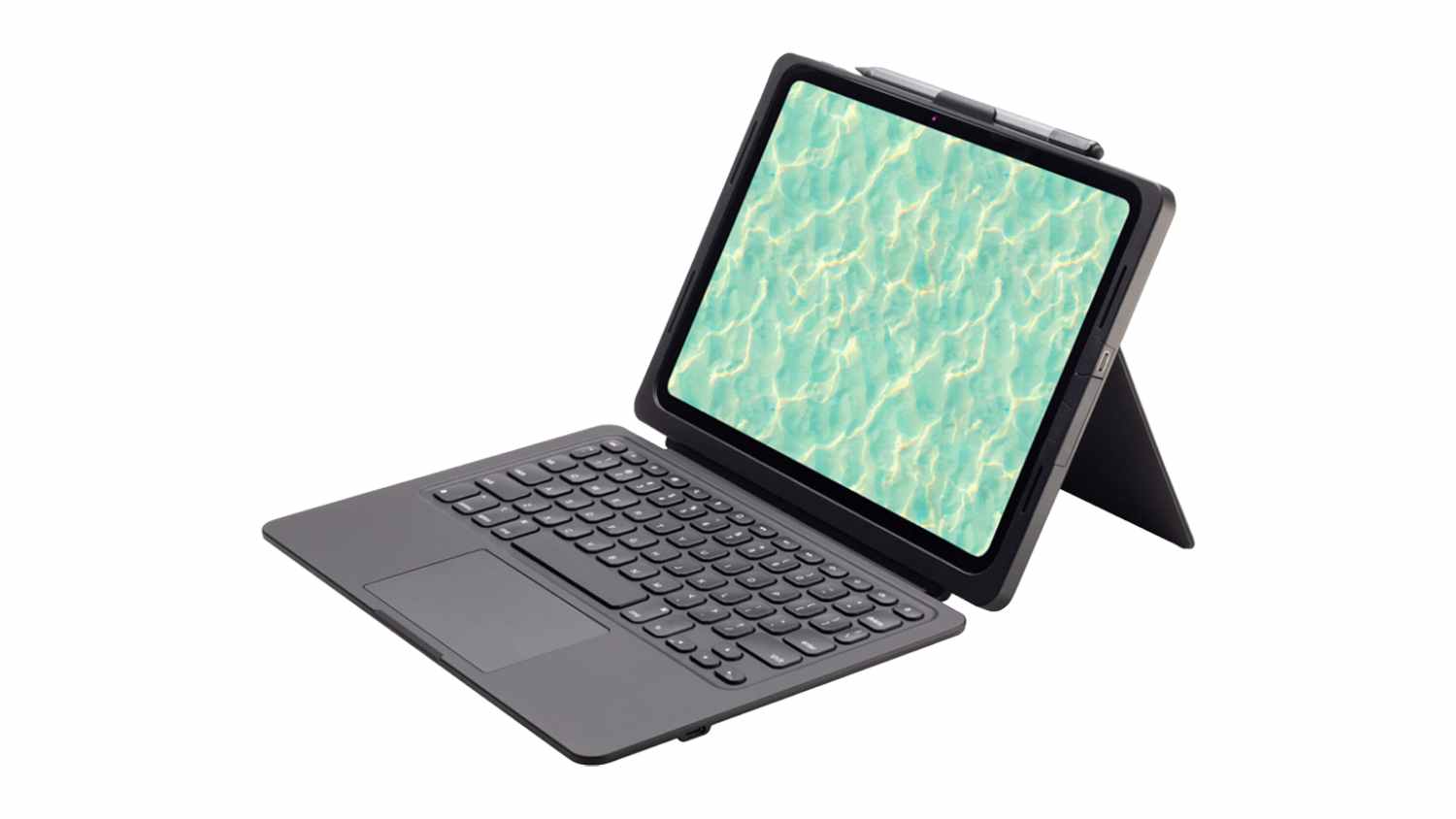 Angle view of a dark grey ZAGG Pro Keys Connect Tablet Keyboard Case for iPad, holding an iPad upright and featuring a built-in trackpad and kickstand