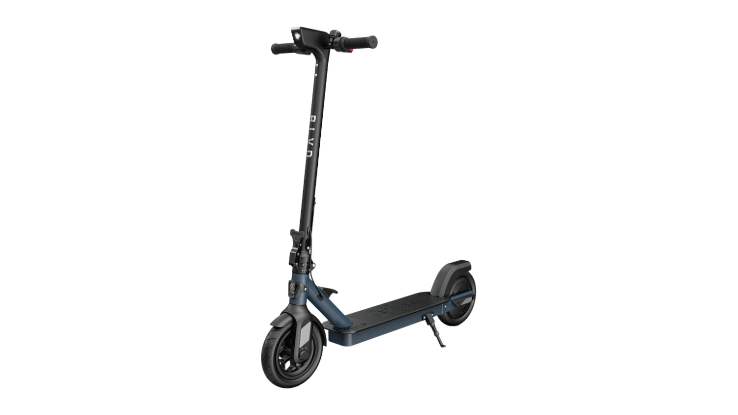 Front angle view of a dark blue and black BLVD Cruze electric scooter with a folding stem and a wide deck