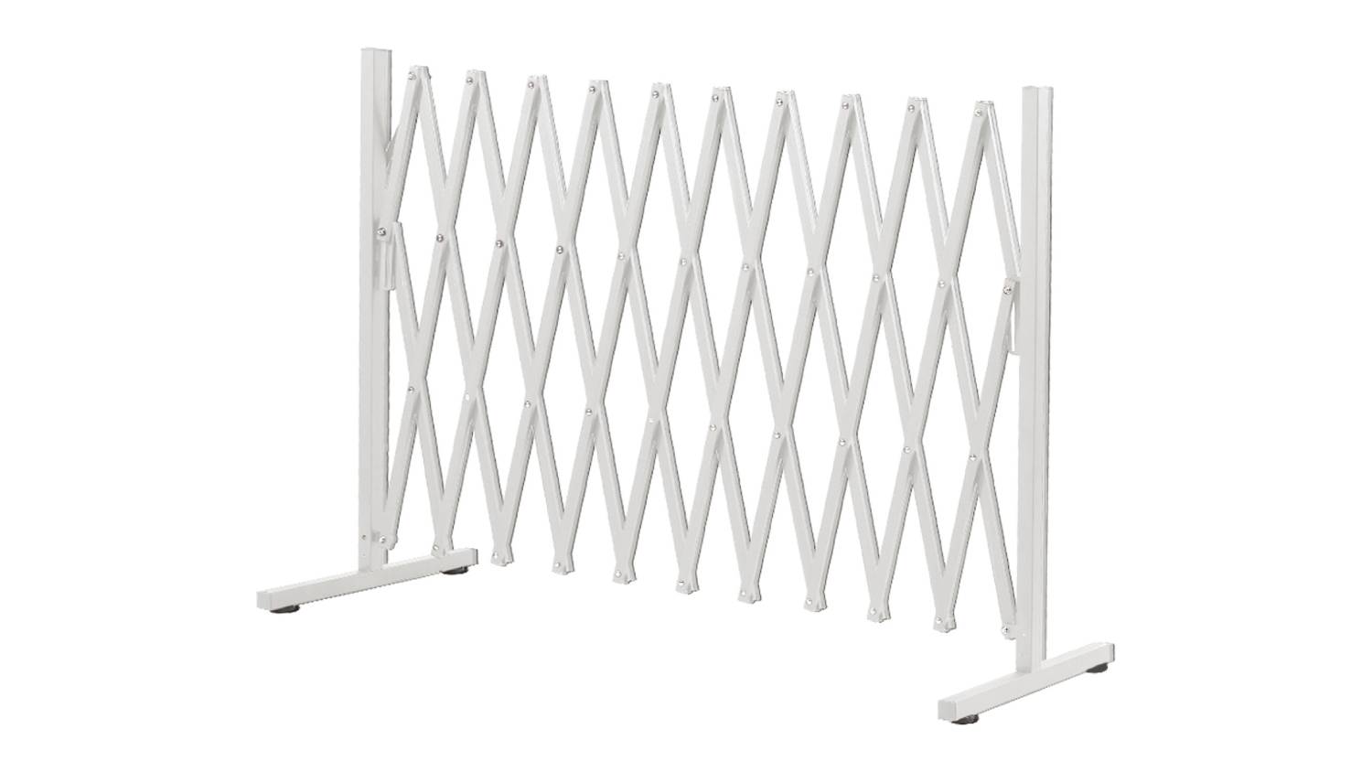 Front view of a white expandable garden pet fence with criss-cross slats and stabilising feet