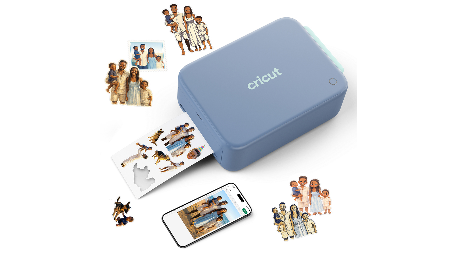 Top view of the powder blue Cricut Gemini Machine printing photos from smartphone