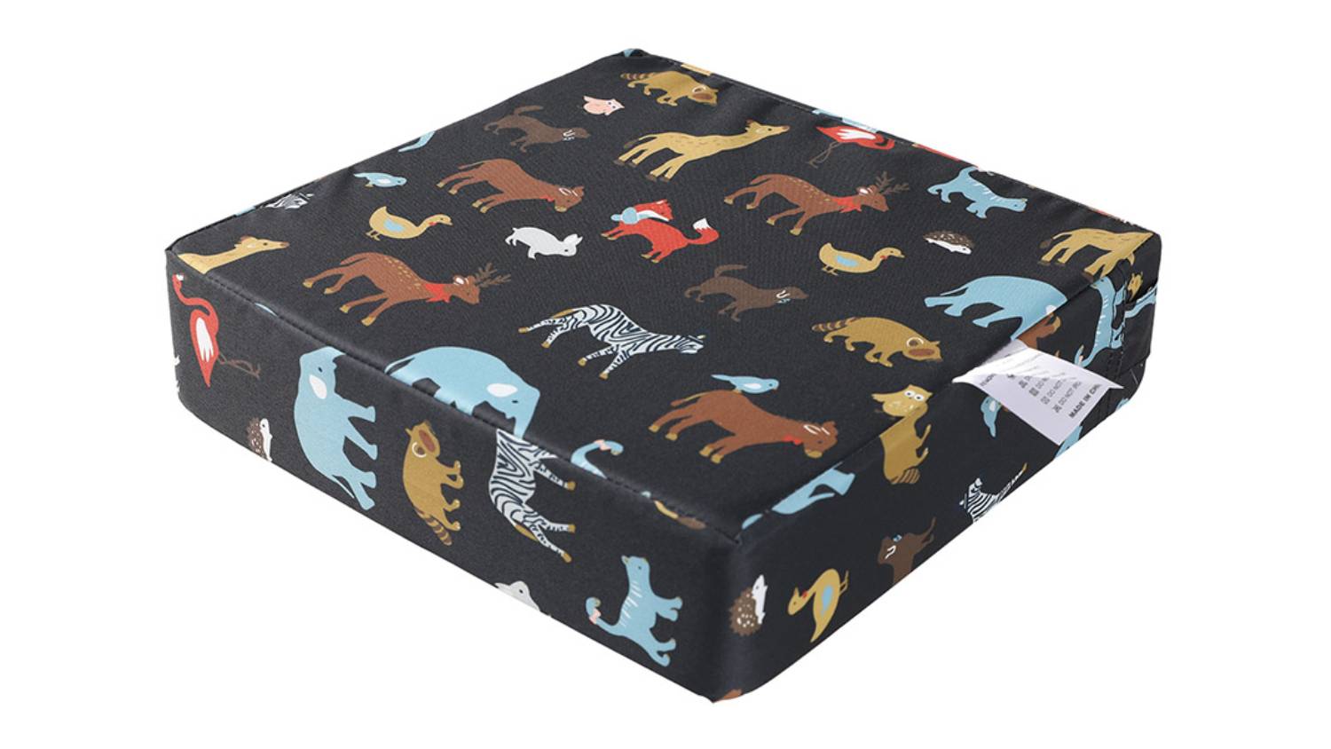 Angled view of a black foam high chair cushion with colourful animal print fabric and thick padded construction