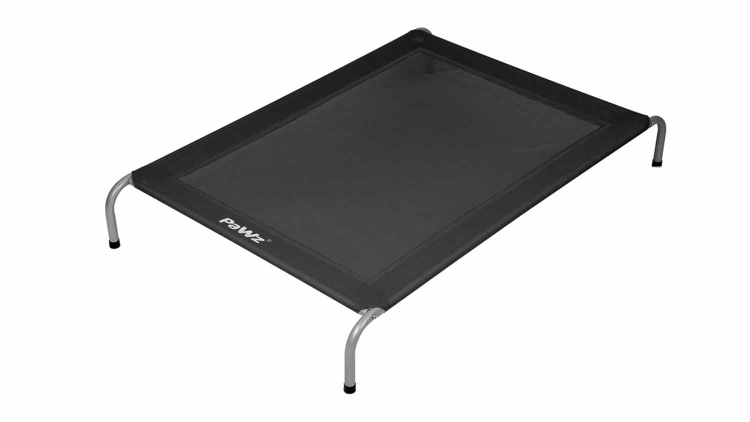 Angled top view of a black PaWz Elevated Hammock Pet Bed with a breathable mesh platform and silver metal frame