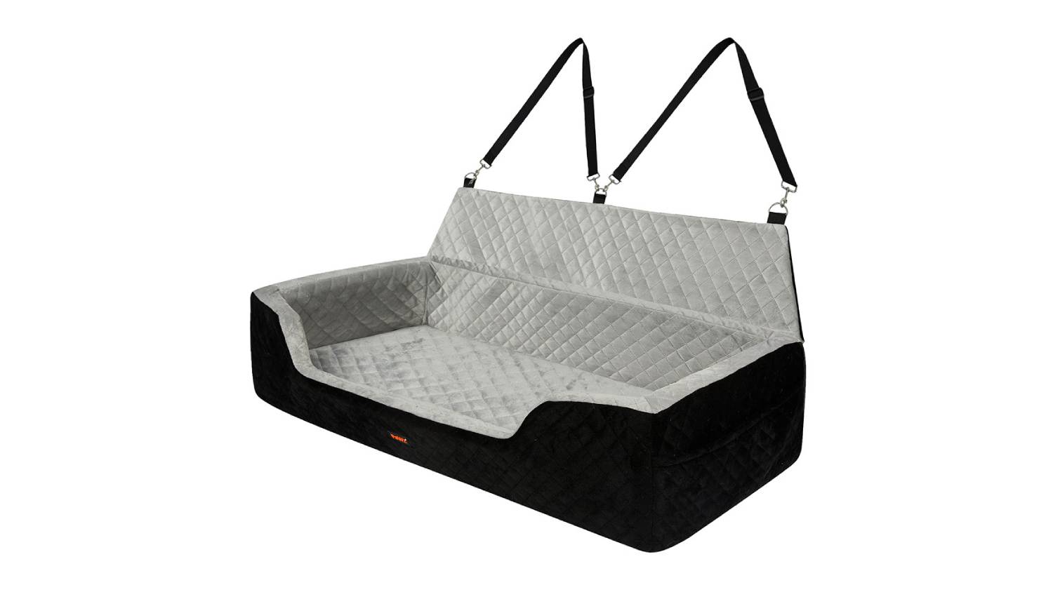 Angled view of a large black and grey pet car booster seat with quilted lining, raised sides, and hanging straps