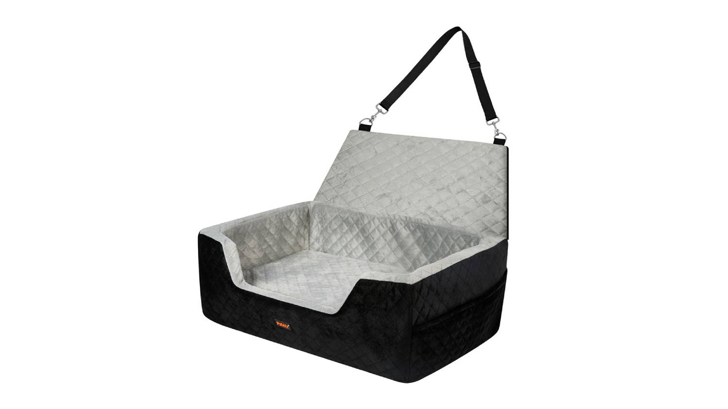 Angled view of a medium black and grey pet car booster seat with quilted lining, raised sides, and hanging straps