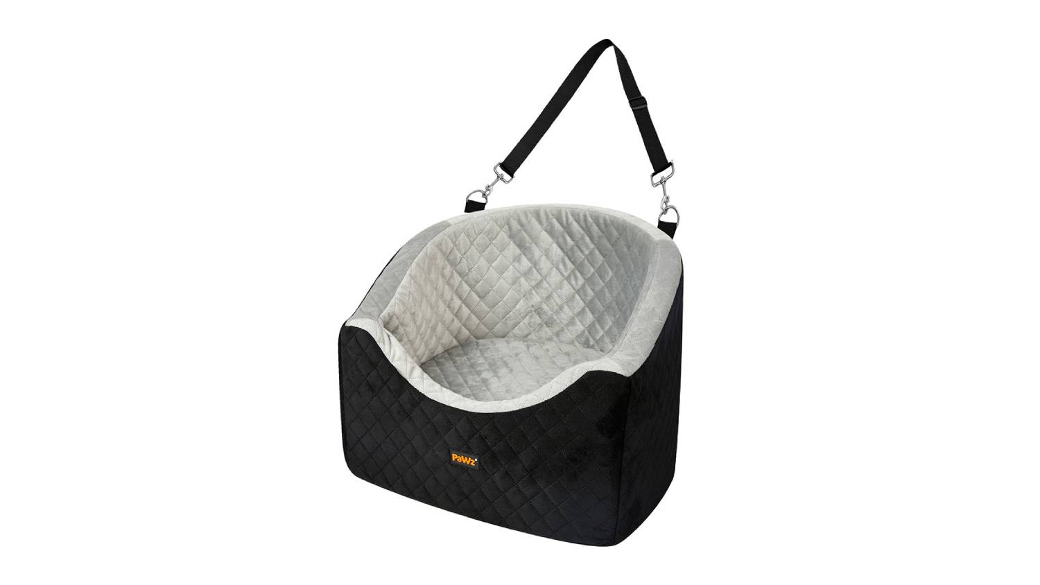 Angled view of a small black and grey pet car booster seat with quilted lining, raised sides, and hanging straps