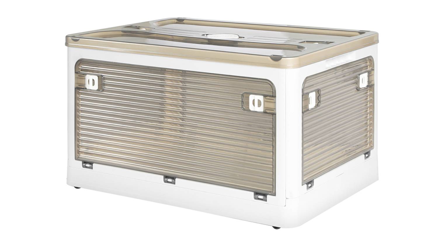 Angled view of a 55L stackable storage box with translucent panels, white frame, and clear lid