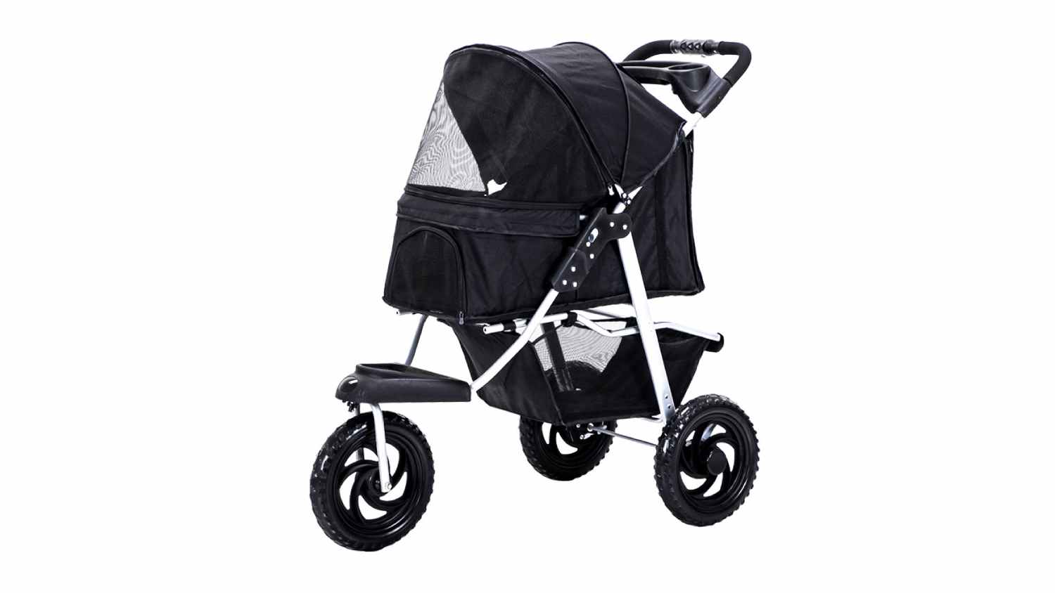 Front angled view of a black PaWz 3-Wheel Folding Pet Stroller with mesh canopy, white frame, storage basket, and large all-terrain wheels
