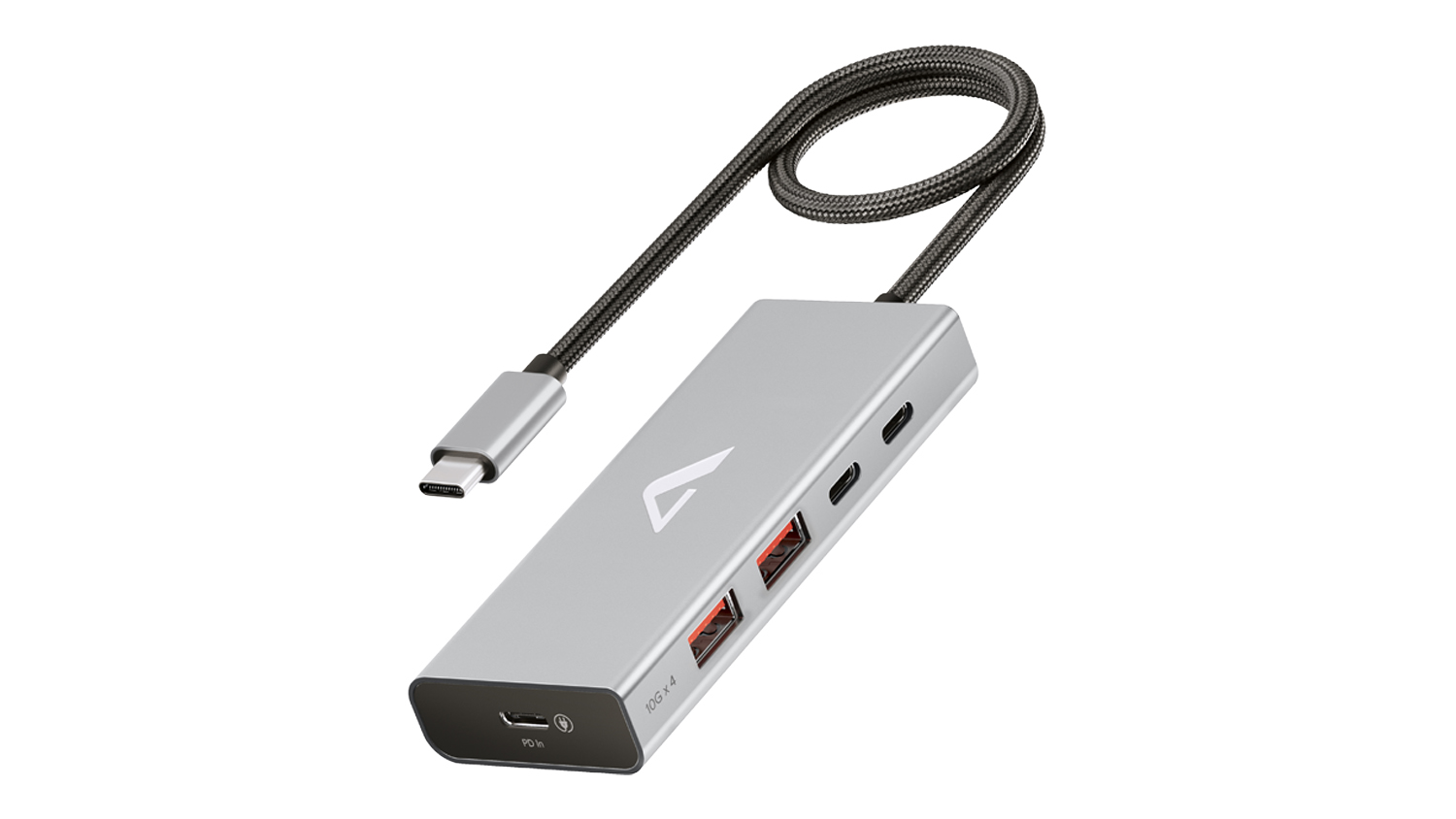 Silver Alogic ZIP USB-C multiport hub with braided cable showing USB-A and USB-C ports
