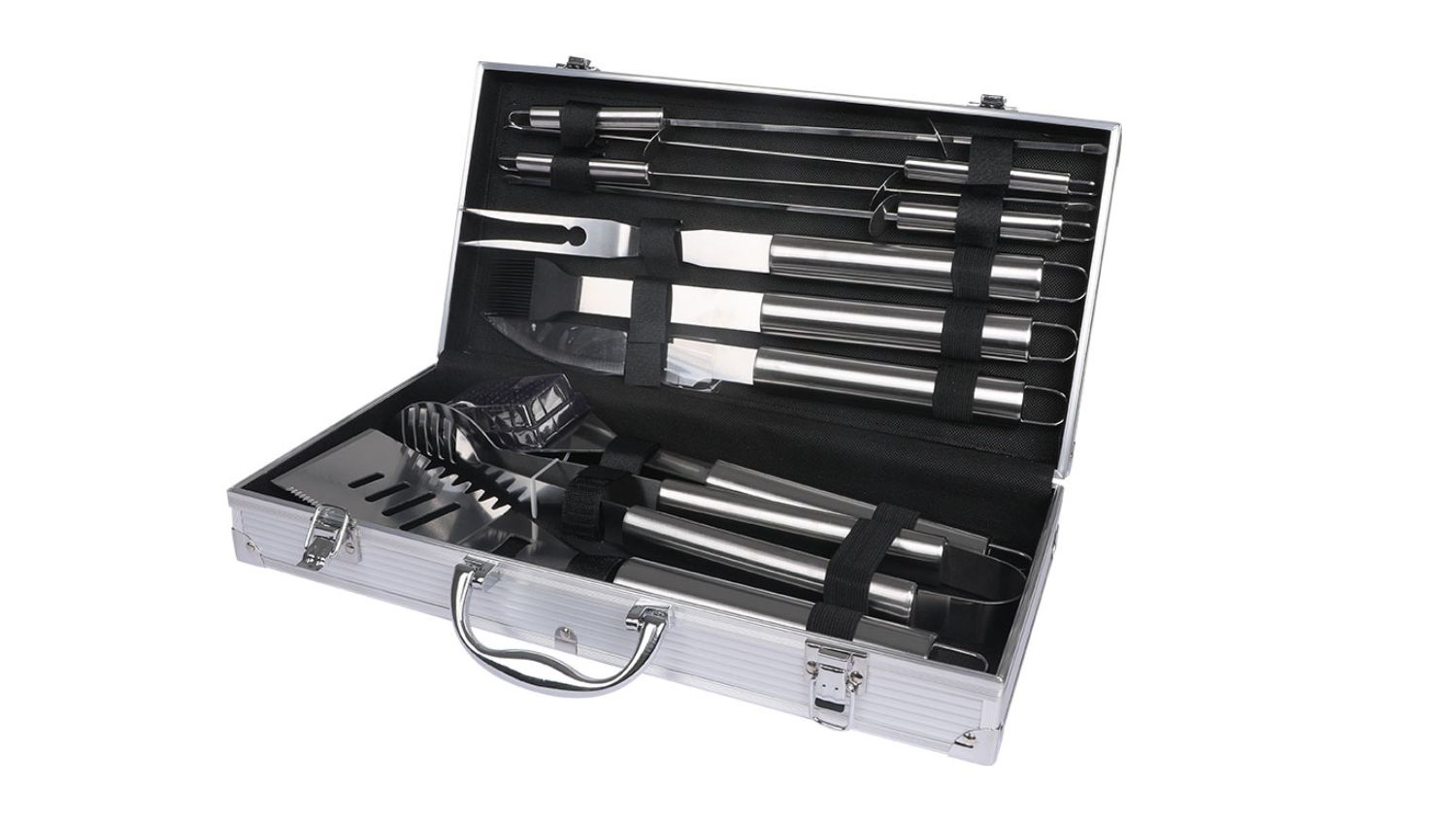 An angled front view of an open aluminium BBQ tool case with stainless steel grilling utensils