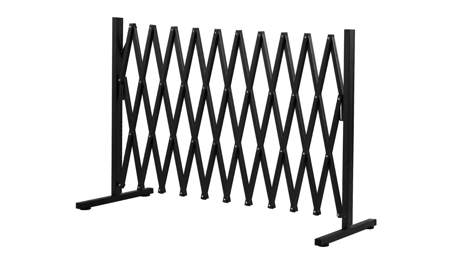 An angled front view of a black expandable pet fence gate with freestanding base supports