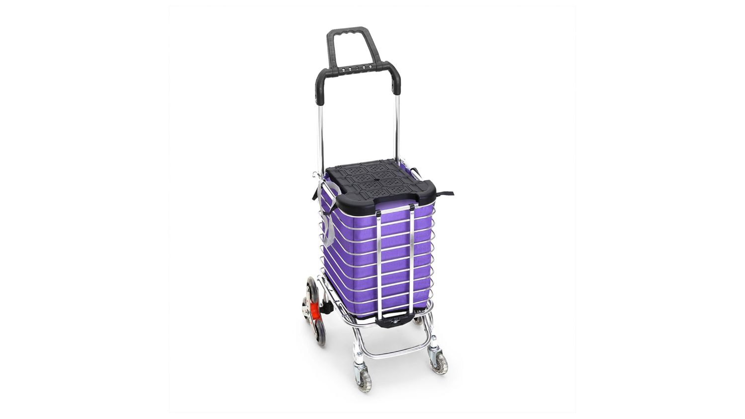 An angled front view of a purple folding shopping cart with a stainless-steel frame and telescopic handle