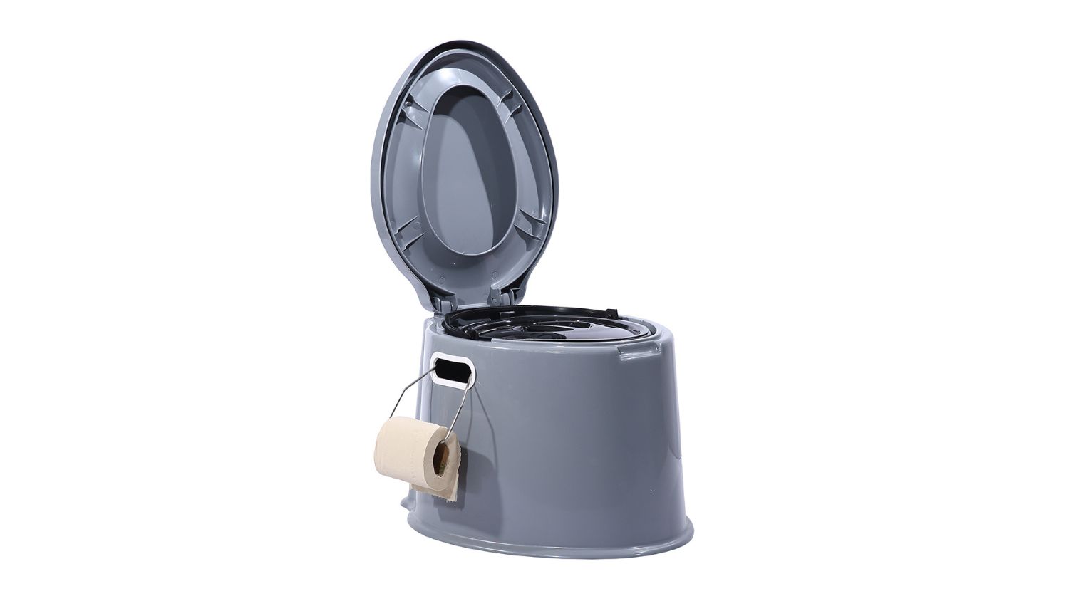 An angled front view of a grey portable camping toilet with open lid and integrated toilet paper holder