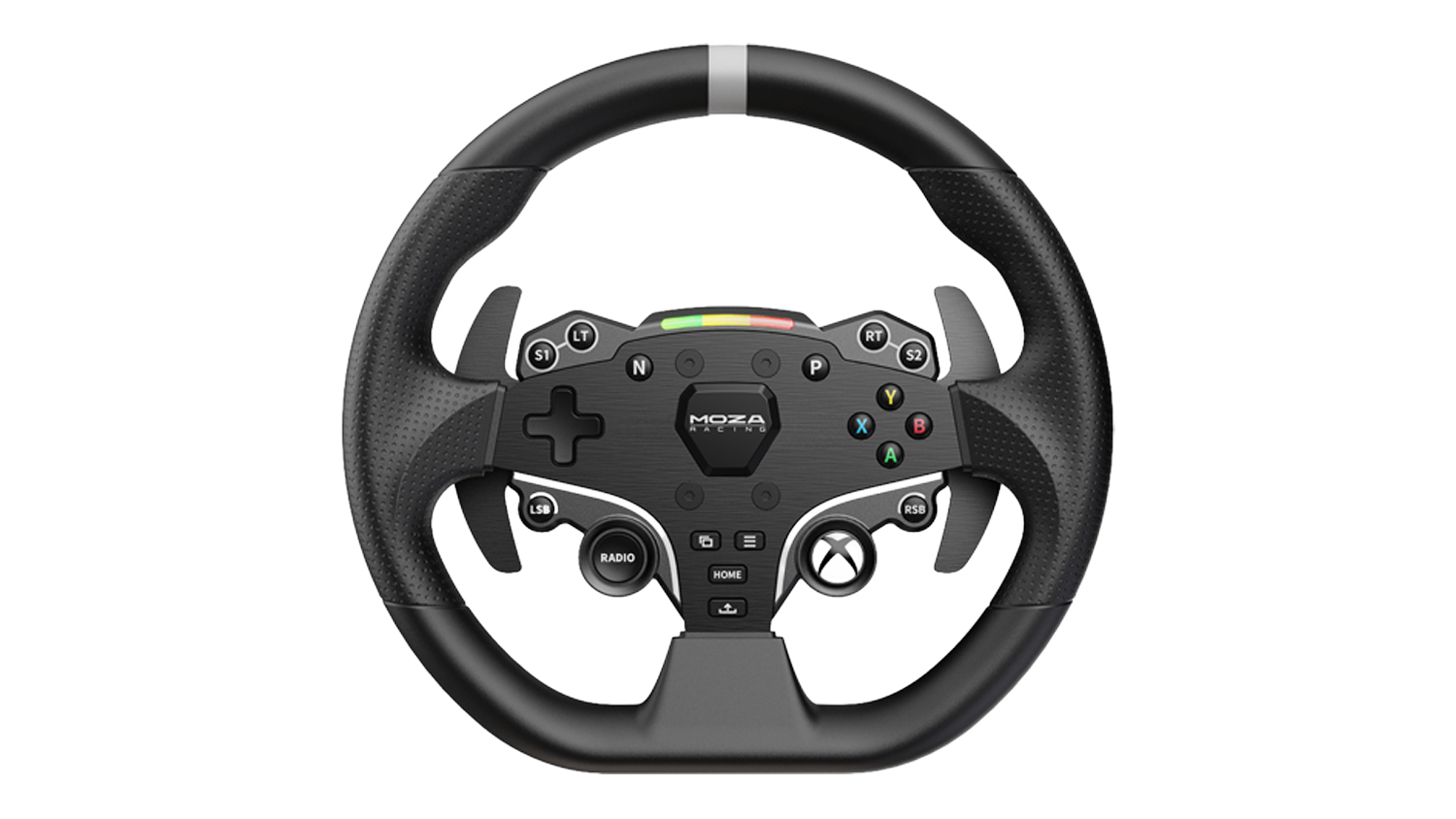 A black Moza ESX steering wheel featuring textured grips, Xbox face buttons, and shift indicator
