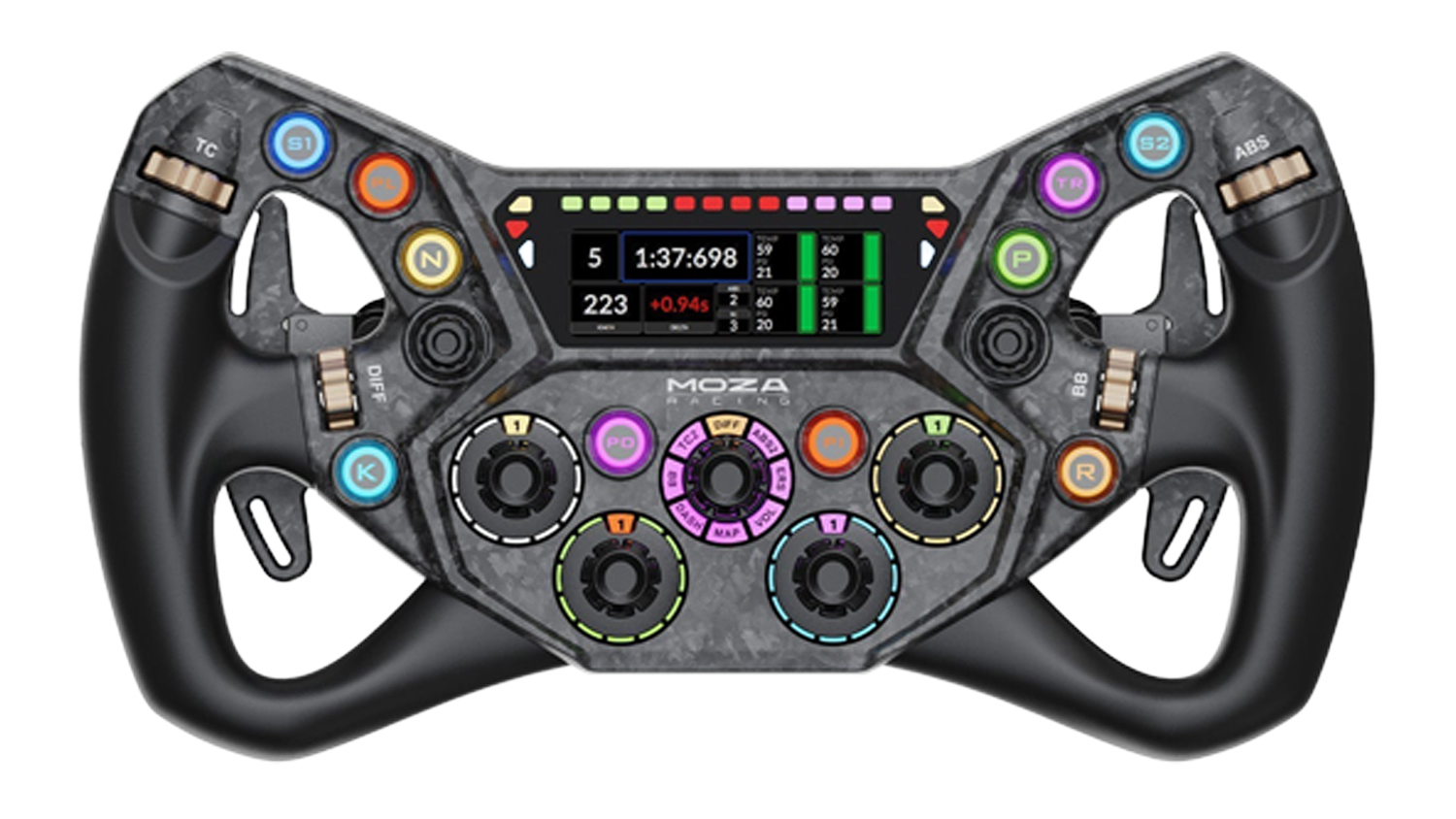 A black Moza KS Pro Steering Wheel featuring illuminated buttons, rotary dials, and a colour digital display