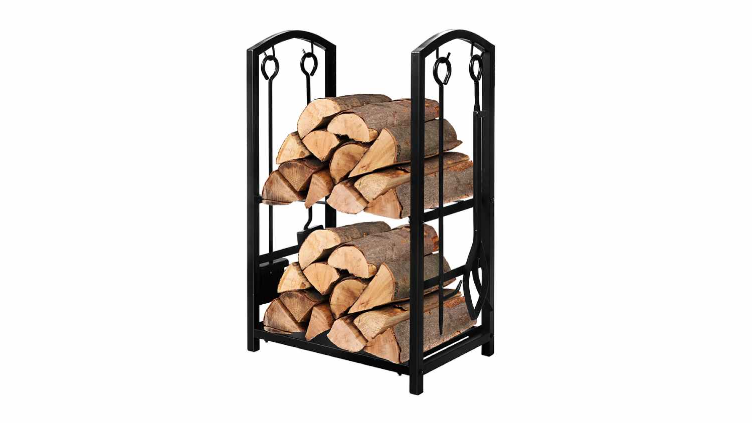Black Traderight firewood rack with cut logs, featuring side hooks holding four fireplace tools