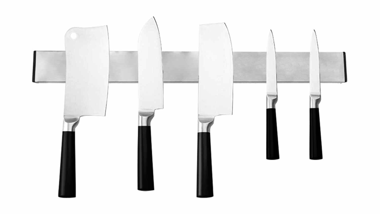 Front view of a Toque Stainless Steel Magnetic Knife Bar with black-handled knives displayed on the holder