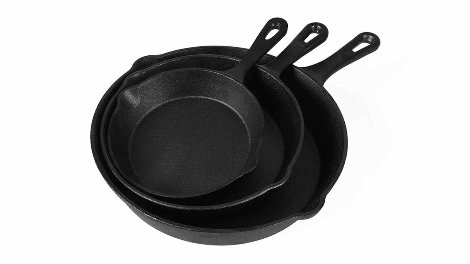 Top-angle view of the Toque Non-Stick Frying Pan Set, featuring three skillets in increasing sizes