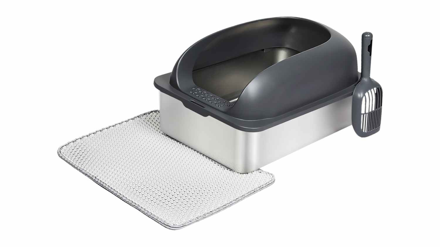 PaWz Stainless Steel Cat Litter Box with a dark grey high-sided plastic shield, matching scoop, and mesh litter mat