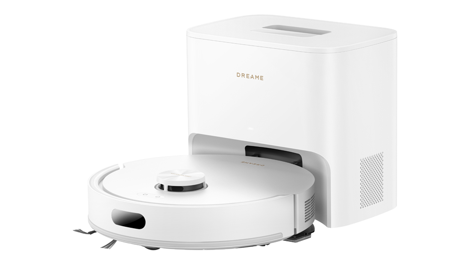 White robot vacuum with self-empty docking station and raised lidar sensor, angled front product view