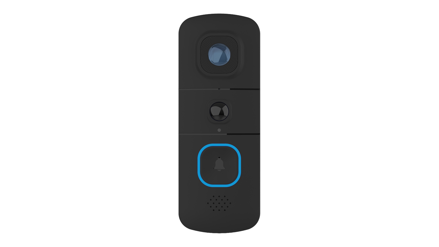 Front view of black Swann EVO video doorbell with camera lens, sensor, illuminated ring button, and speaker