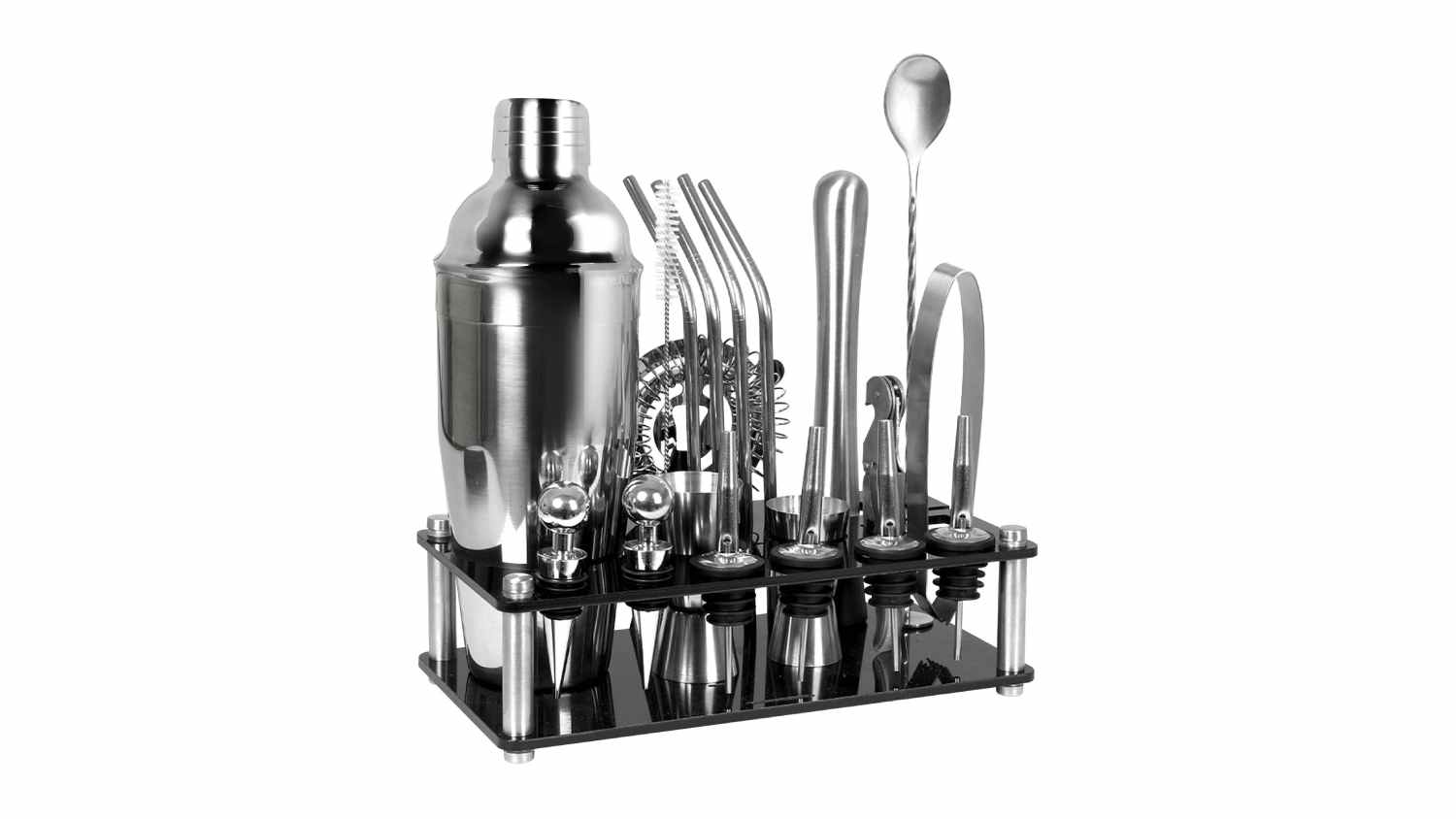 Front-angled view of a stainless steel Toque 20-piece Cocktail Shaker Kit with bar tools, pourers, and a black acrylic stand