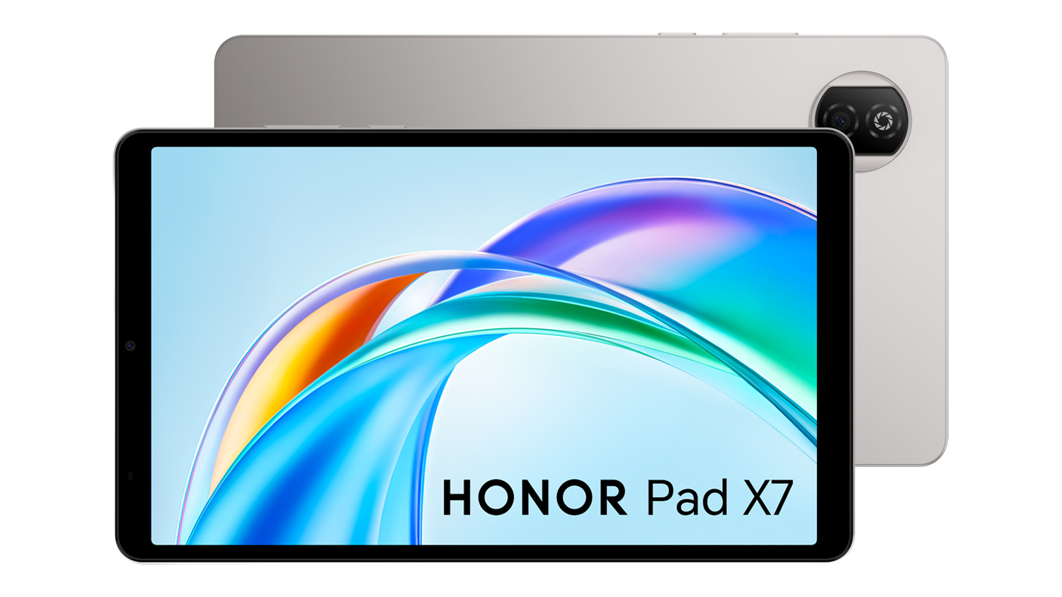 Front and rear views of a grey Honor Pad X7 18.7" 128GB Wi-Fi Android tablet with a dual-camera module and a vibrant display screen