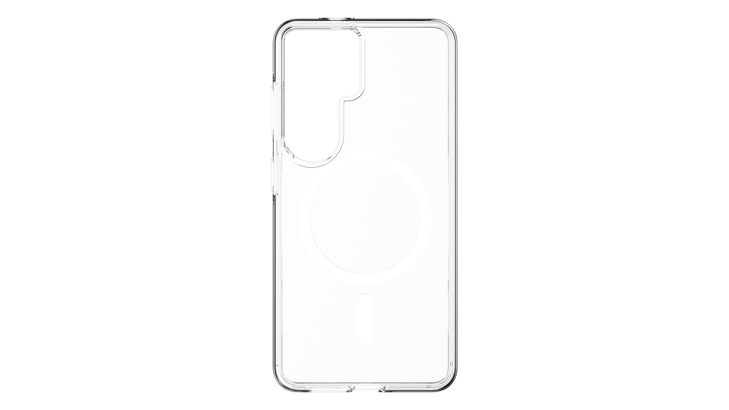 Rear view of a clear, transparent Mobling case for the Samsung Galaxy S26 FE, featuring reinforced corners and an oversized camera cutout