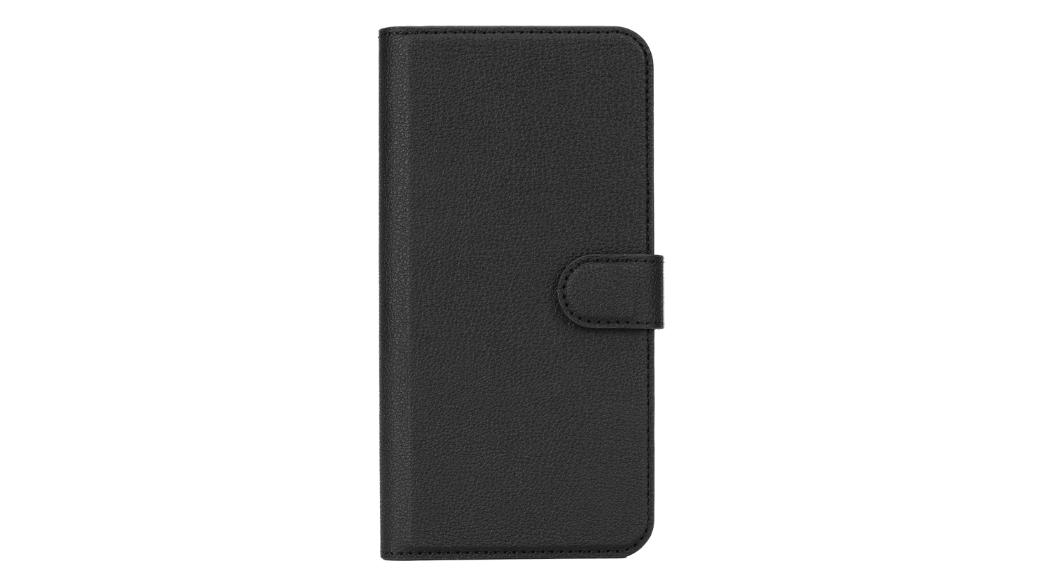 Front view of black leather wallet phone case with magnetic clasp and textured folio design