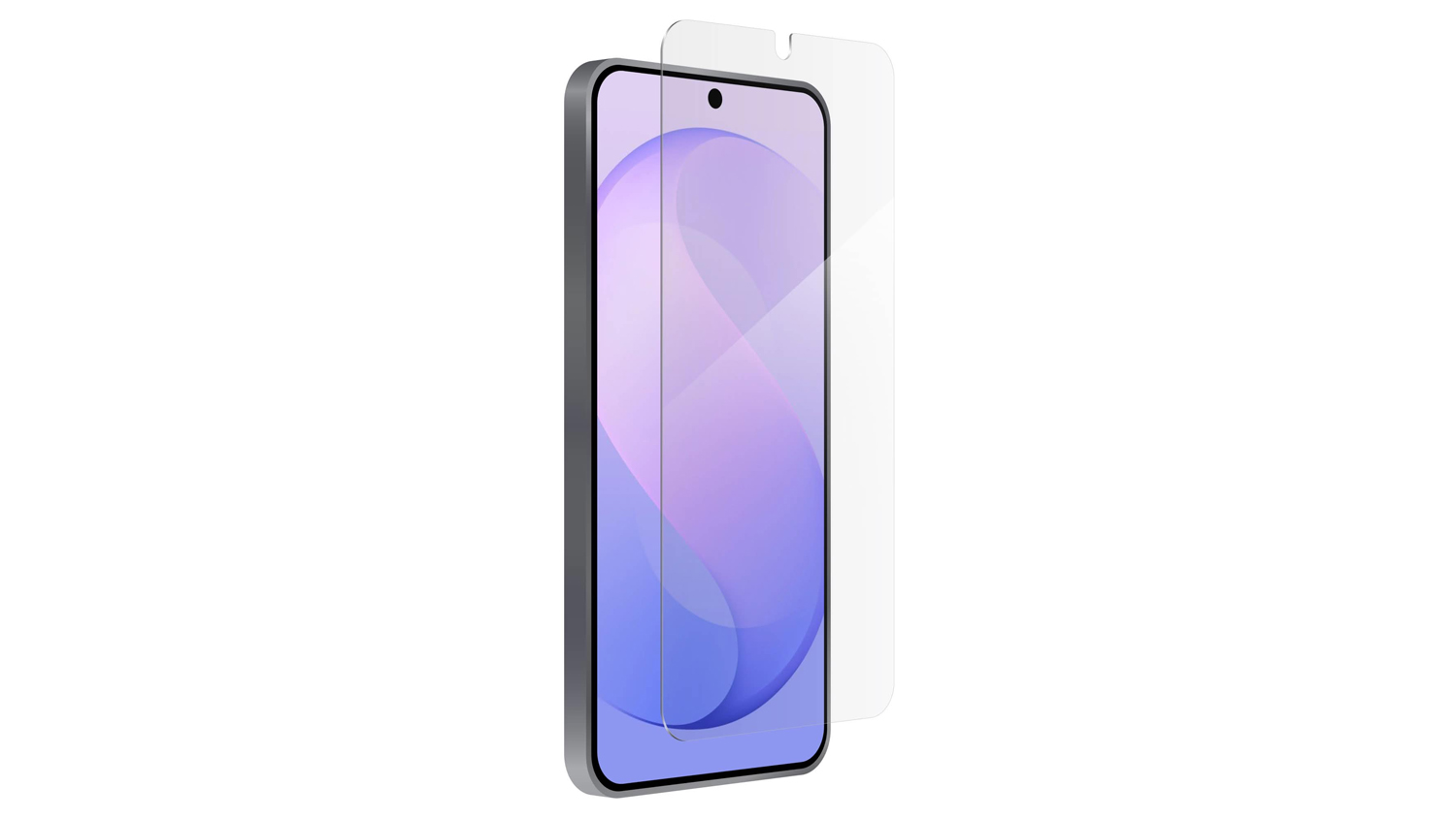 Front-angled view of the ZAGG Glass Elite Screen Protector for Samsung Galaxy S26 FE, aligned over the smartphone display with a clear edge-to-edge design