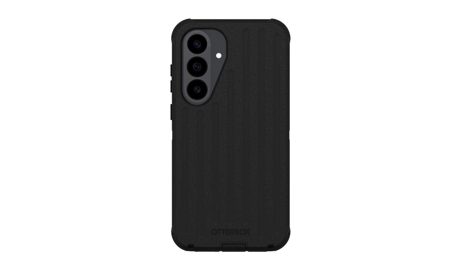 Rear view of a black OtterBox Defender Series Pro Case for Samsung Galaxy S26 FE, featuring a vertical grip texture and triple-camera cutout
