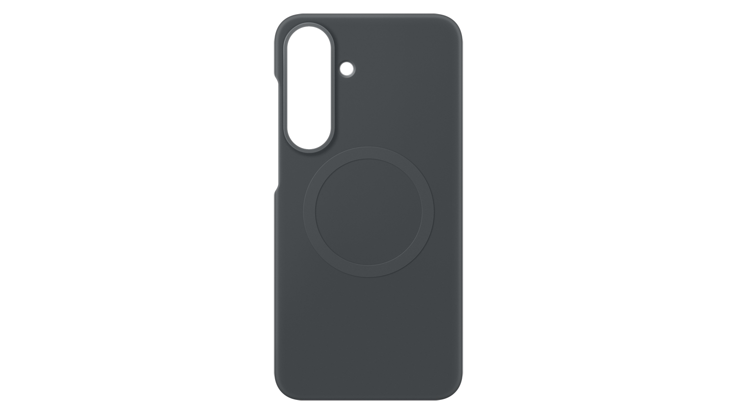 Rear view of a black Samsung Silicone Magnet Case for Samsung Galaxy S26 FE with a circular magnetic ring and vertical camera cutout