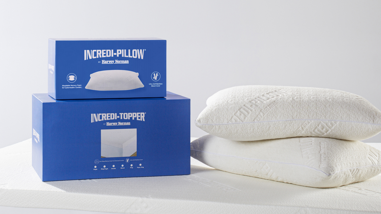 Front angled view of a white Incredi-Topper Mattress Topper with Mid-Profile Pillows by Incredi-Pillow, with blue retail packaging on the mattress