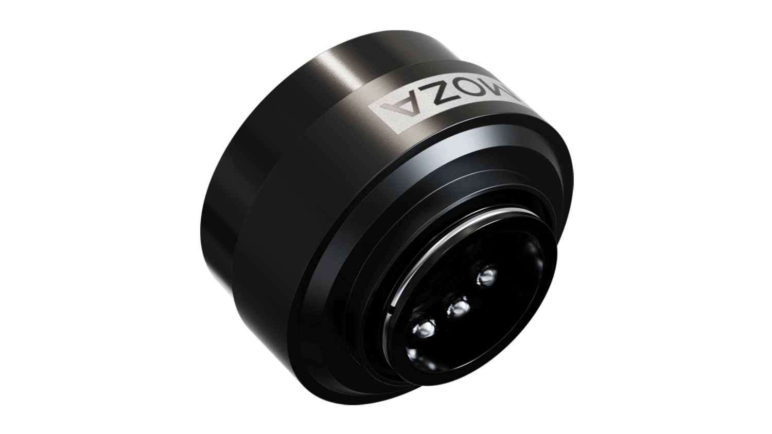 Front-angled view of a black MOZA Racing Quick Release Adapter with a circular metal housing and connector pins