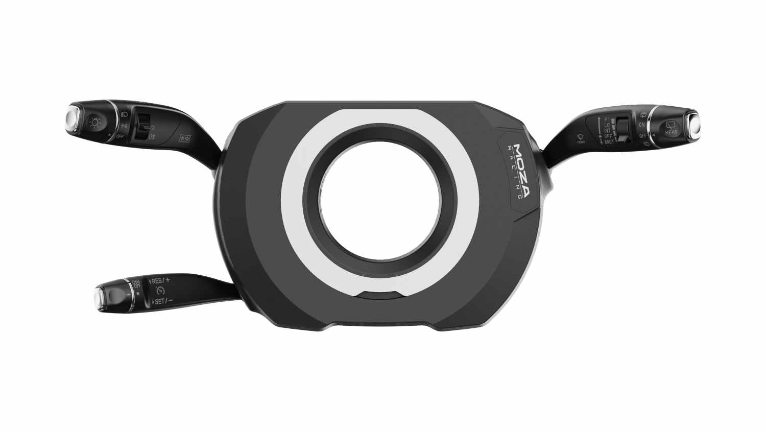 Front view of MOZA Racing multi-function steering stalks in black, featuring indicator, wiper, and cruise control levers around a central hub